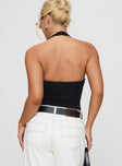 back view of model wearing Princess Polly Someone New Halter Bodysuit Black Tall Sleeveless 