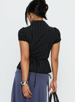 Deserve You Puff Sleeve Button Front Top Black Stripe