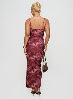 back view of model wearing Princess Polly Hathaway Maxi Dress Burgundy Floral V-Neck 