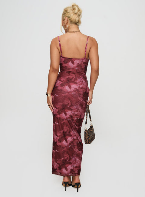 back view of model wearing Princess Polly Hathaway Maxi Dress Burgundy Floral V-Neck 