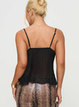 back view of model wearing Princess Polly Zami Pleat Top Black Sleeveless V-Neck 