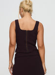 back view of model wearing Princess Polly Evonne Corset Top Wine Sleeveless Scoop Neck 