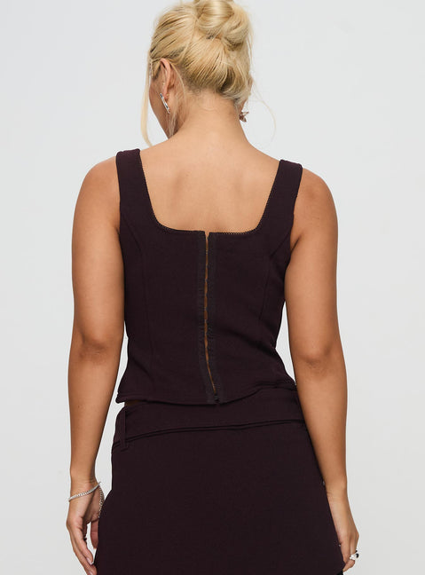 back view of model wearing Princess Polly Evonne Corset Top Wine Sleeveless Scoop Neck 