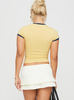 back view of model wearing Princess Polly Salda Top Lemonade / Navy Short Sleeves Crew Neck 