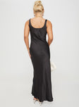 back view of model wearing Princess Polly Penelopy Bias Cut Maxi Dress Black Scoop Neck 