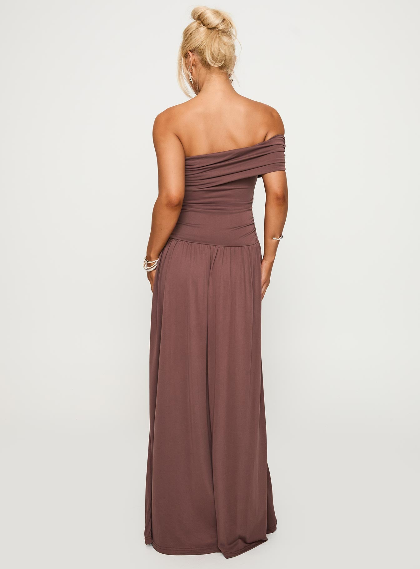 back view of model wearing Princess Polly Decadence Strapless Maxi Dress Brown Straight Neck 