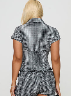 back view of model wearing Princess Polly Covey Shirred Puff Sleeve Top Multi Short Sleeves High Neck 