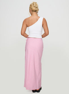 back view of model wearing Princess Polly Fluttering Maxi Skirt Pink Stripe Maxi 