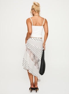 back view of model wearing Princess Polly Rennar Maxi Skirt White / Polka Dot Petite Midi Skirts 