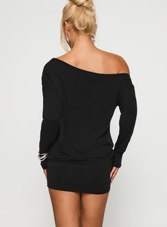 back view of model wearing Princess Polly Shelisa Mini Dress Black Asymmetric Neckline 