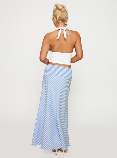 back view of model wearing Princess Polly Every Girl Shirred Maxi Skirt Blue Check Maxi 