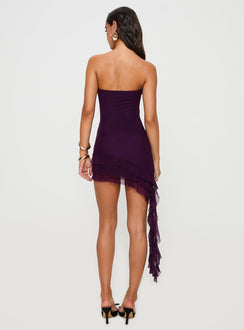 back view of model wearing Princess Polly Salinas Strapless Mini Dress Purple Straight Neck 