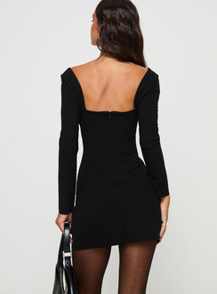back view of model wearing Princess Polly Karina Long Sleeve Mini Dress Black Square Neck 