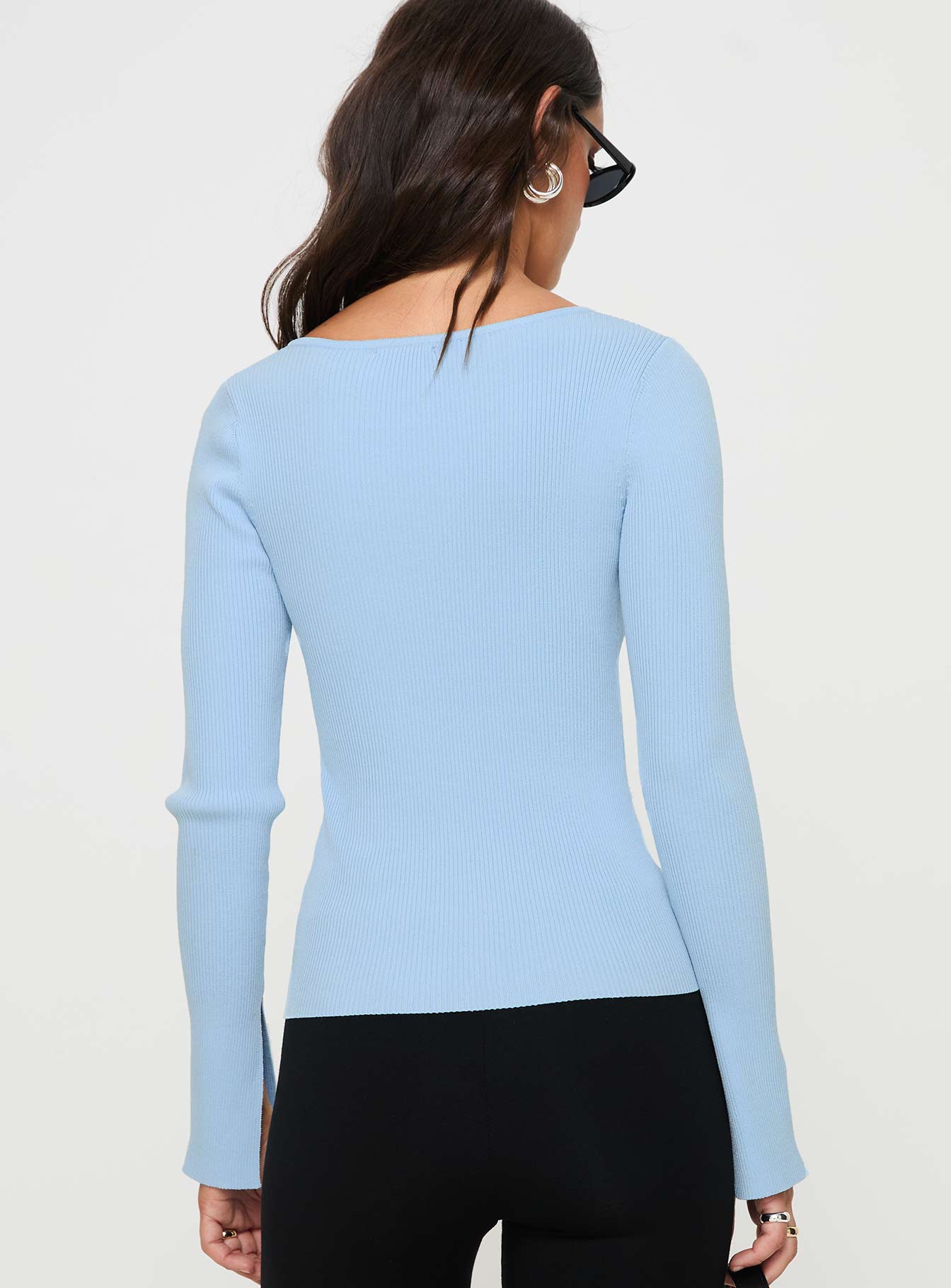 back view of model wearing Princess Polly Selections Long Sleeve Top Blue Full Sleeves V-Neck 