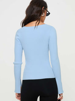 back view of model wearing Princess Polly Selections Long Sleeve Top Blue Full Sleeves V-Neck 