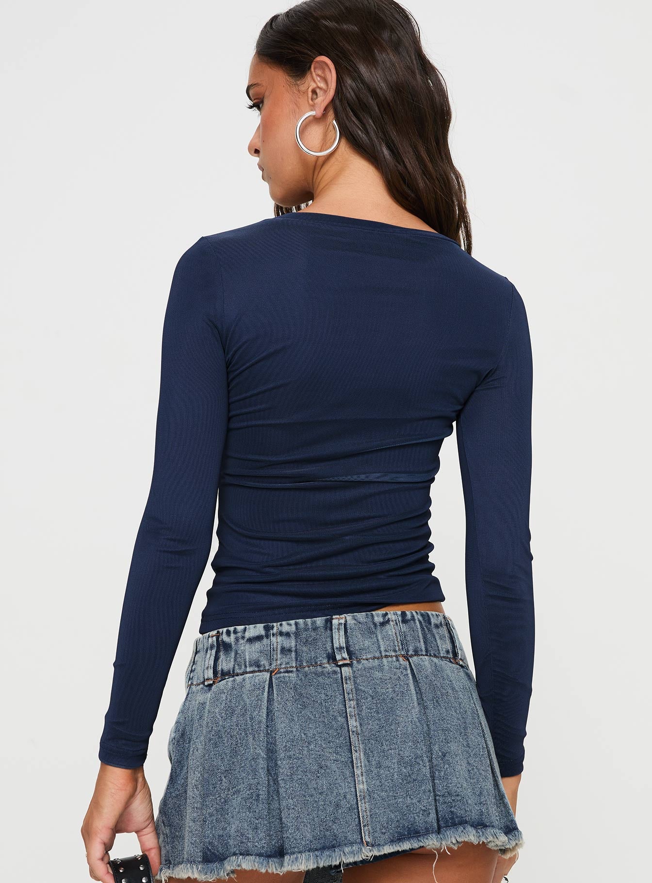 back view of model wearing Princess Polly Raldor Long Sleeve Top Navy Full Sleeves Crew Neck 