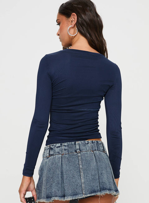 back view of model wearing Princess Polly Raldor Long Sleeve Top Navy Full Sleeves Crew Neck 