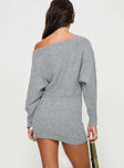 back view of model wearing Princess Polly Peregrine Cold Shoulder Mini Dress Grey Asymmetric Neckline 