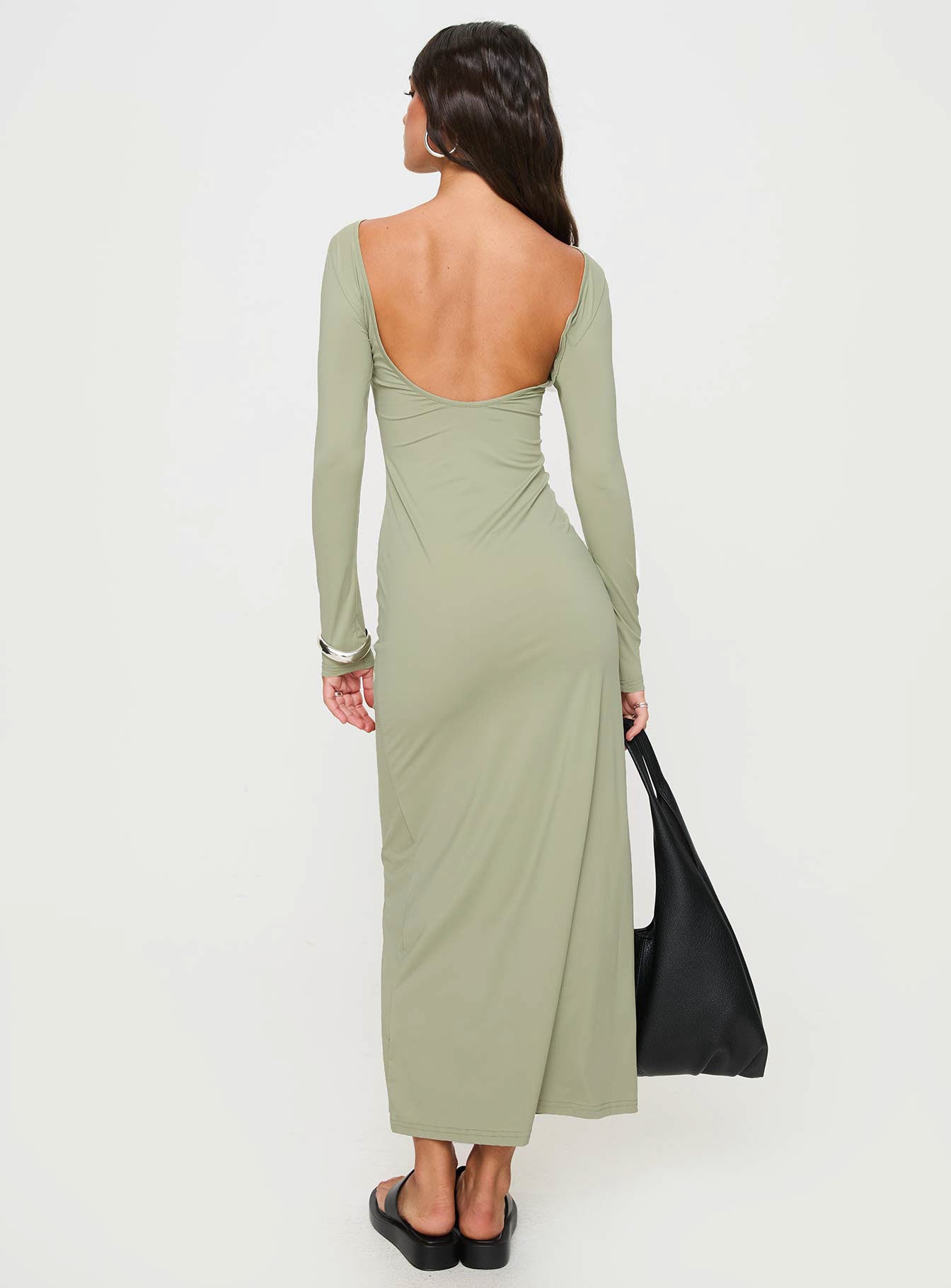 back view of model wearing Princess Polly Rain Fire Long Sleeve Maxi Dress Sage Boat Neck 
