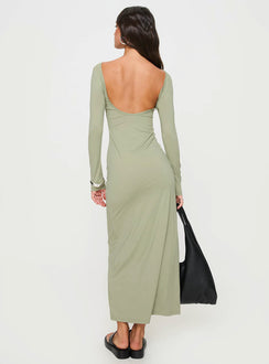 back view of model wearing Princess Polly Rain Fire Long Sleeve Maxi Dress Sage Boat Neck 