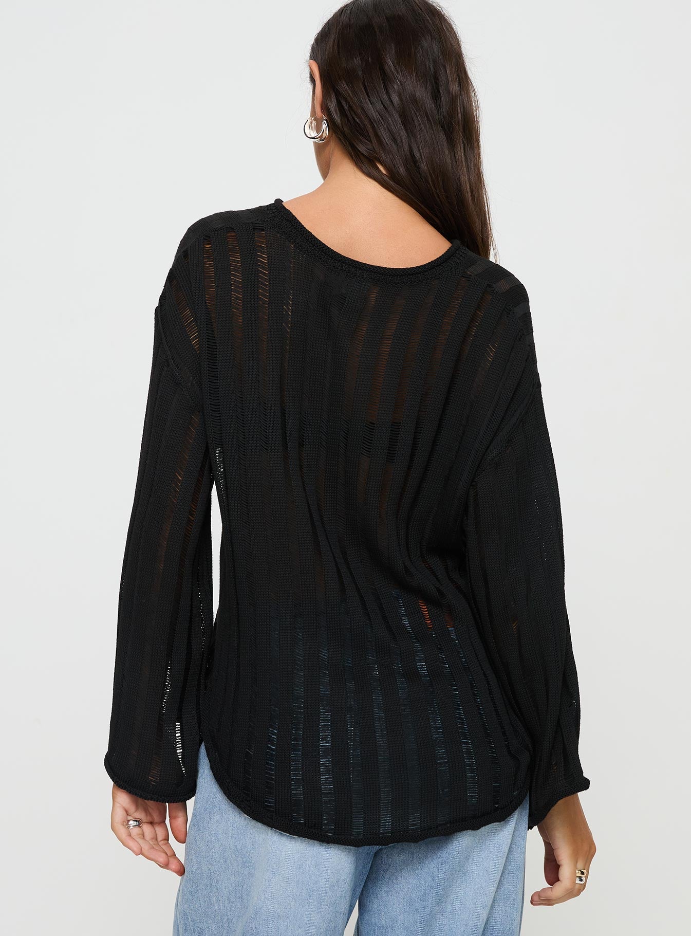 back view of model wearing Princess Polly Ambra Sweater Black regular 