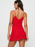 back view of model wearing Princess Polly Lars Mini Dress Red V-Neck 