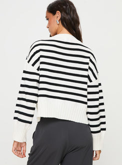 back view of model wearing Princess Polly Karlson Striped Cardigan Cream / Black cropped 