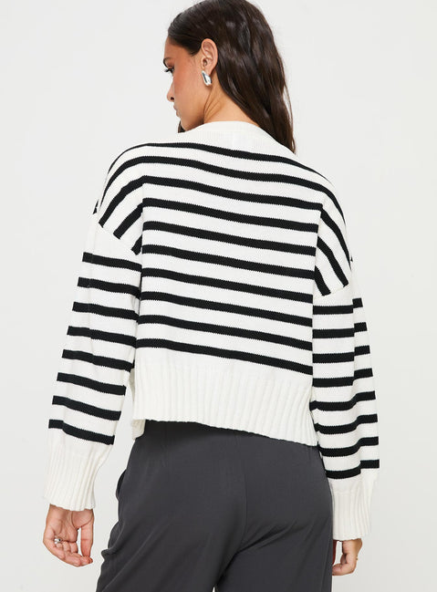 back view of model wearing Princess Polly Karlson Striped Cardigan Cream / Black cropped 