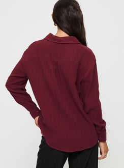 back view of model wearing Princess Polly Mahalia Shirt Burgundy Full Sleeves V-Neck 