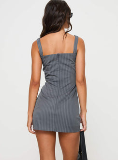 back view of model wearing Princess Polly Belvior Mini Dress Grey Pinstripe Square Neck 