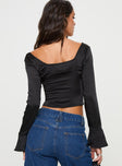 back view of model wearing Princess Polly Watch Me Long Sleeve Top Black Full Sleeves Square Neck 