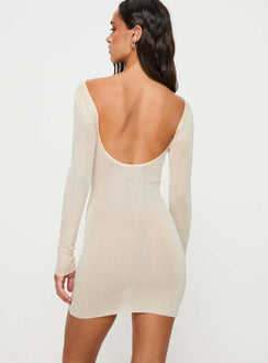 back view of model wearing Princess Polly Ardis Long Sleeve Mini Dress White Boat Neck 