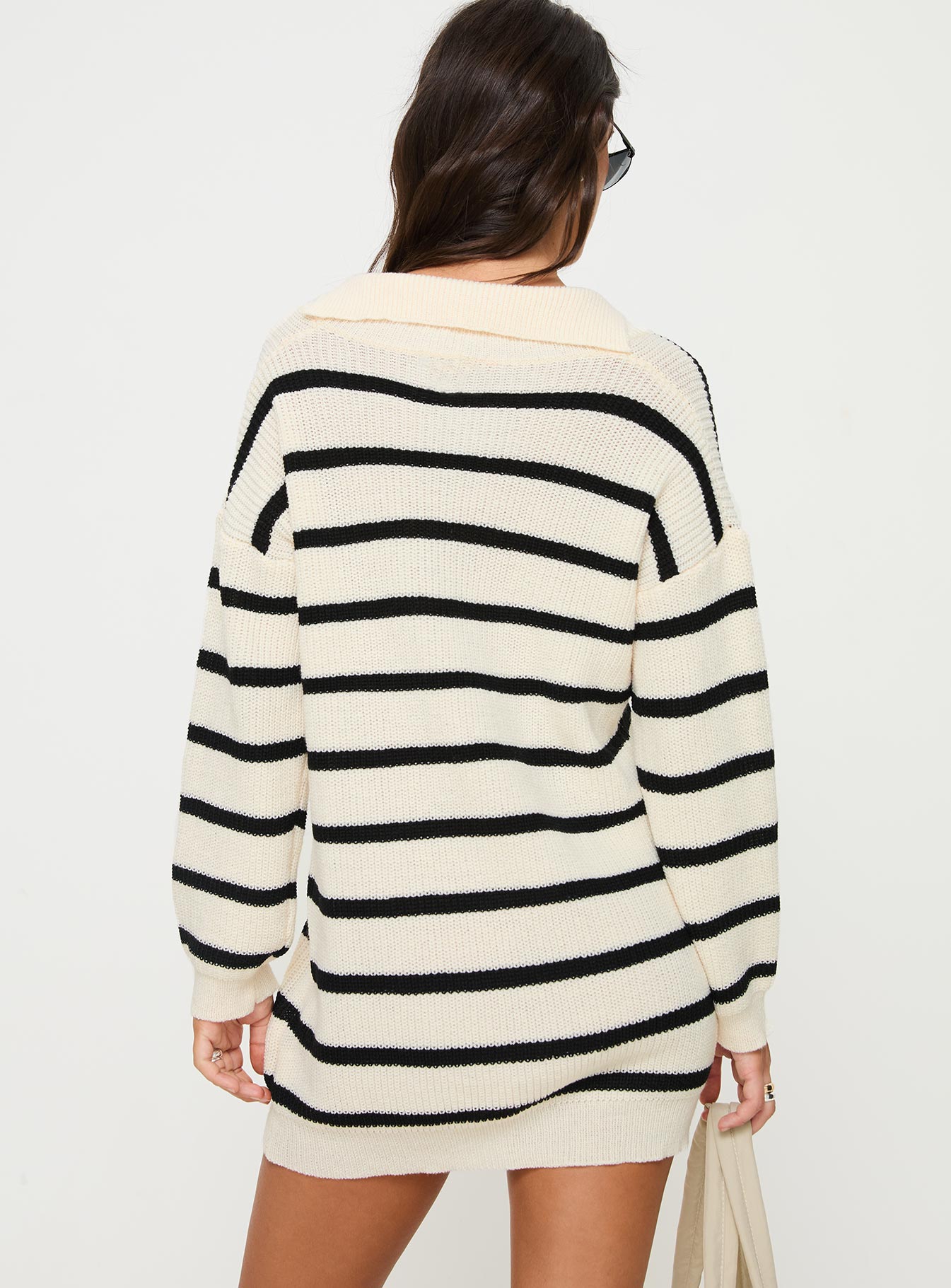 back view of model wearing Princess Polly Forte Sweater Mini Dress Black / Cream V-Neck 
