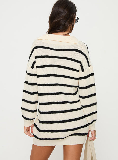 back view of model wearing Princess Polly Forte Sweater Mini Dress Black / Cream V-Neck 