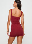 back view of model wearing Princess Polly Rehna Mini Dress Burgundy V-Neck 