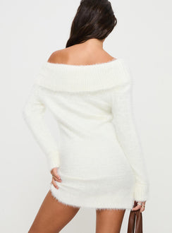 back view of model wearing Princess Polly Buchen Sweater Dress White Asymmetric Neckline 
