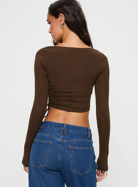 back view of model wearing Princess Polly Take Me On Long Sleeve Top Brown Full Sleeves Square Neck 