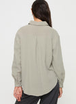 back view of model wearing Princess Polly Mahalia Shirt Light Grey Full Sleeves V-Neck 