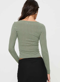 back view of model wearing Princess Polly Sink In Long Sleeve Top Green Full Sleeves Boat Neck 