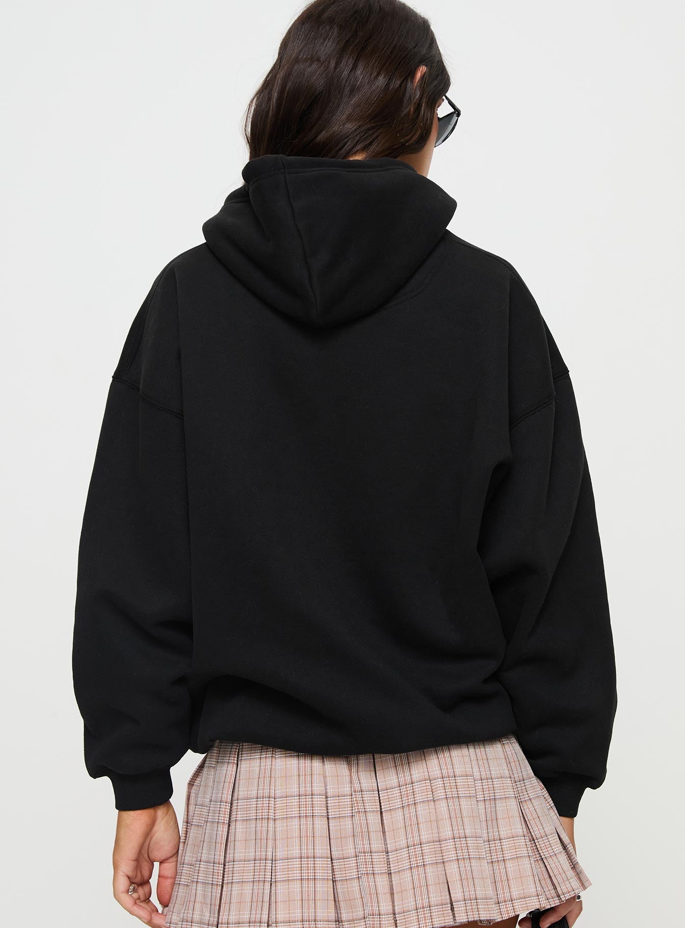 back view of model wearing Princess Polly Alvon Hooded Sweatshirt Black regular 