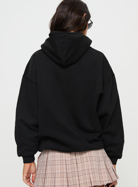 back view of model wearing Princess Polly Alvon Hooded Sweatshirt Black regular 