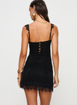 back view of model wearing Princess Polly Rubyn Lace Mini Dress Black Sweetheart Neckline 