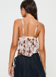 back view of model wearing Princess Polly Corella Top Beige Floral Sleeveless Sweetheart 