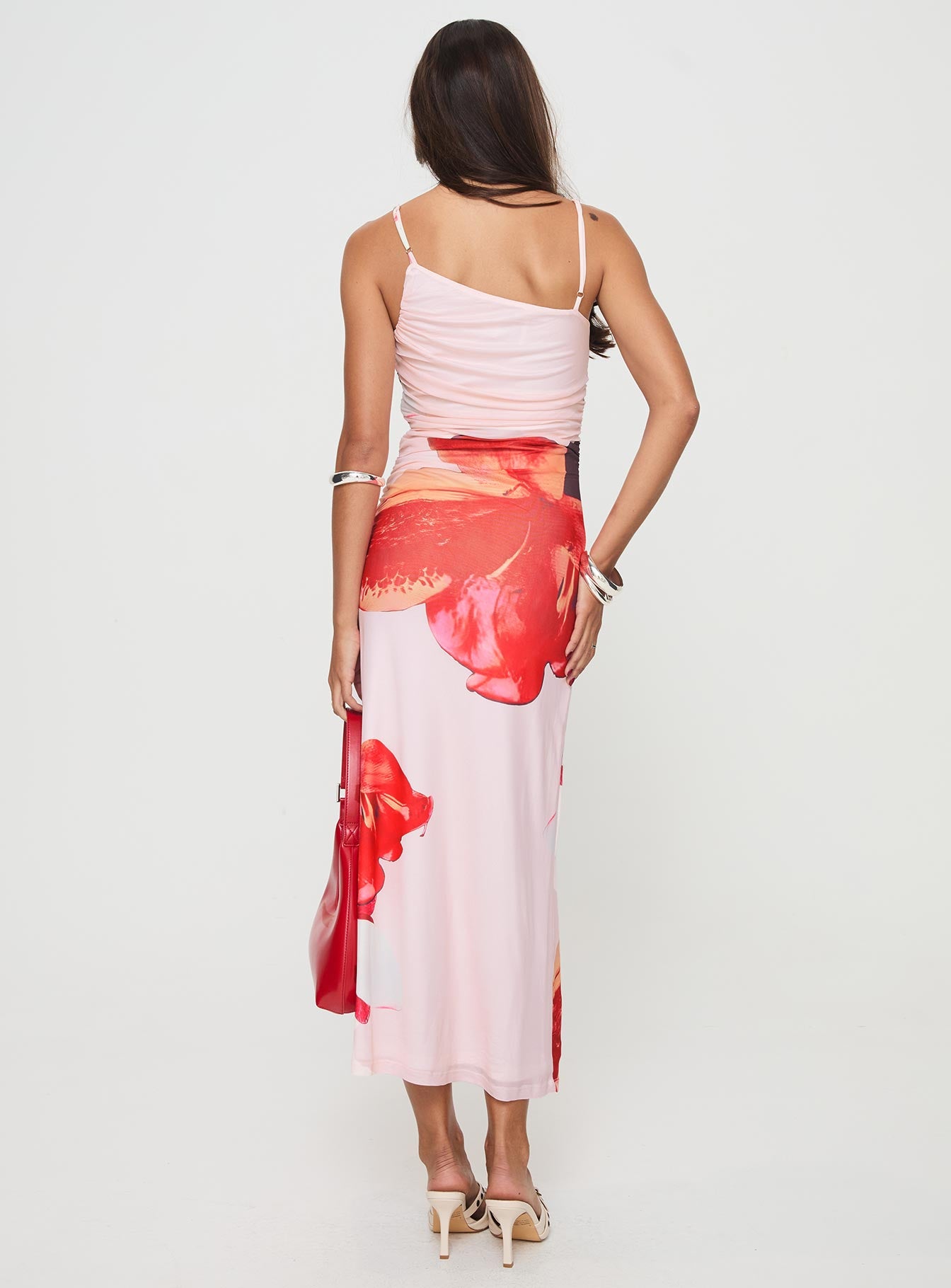 back view of model wearing Princess Polly Simeon Maxi Dress Floral Multi Asymmetric Neckline 