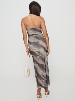 back view of model wearing Princess Polly Pinacle Strapless Maxi Dress Brown Straight Neck 