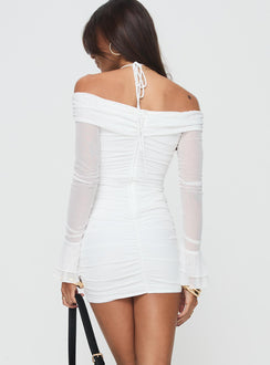 back view of model wearing Princess Polly Taylon Off The Shoulder Mini Dress White Straight Neck 
