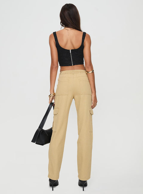 back view of model wearing Princess Polly Nickei Utility Cargo Pants Beige Mid Rise 