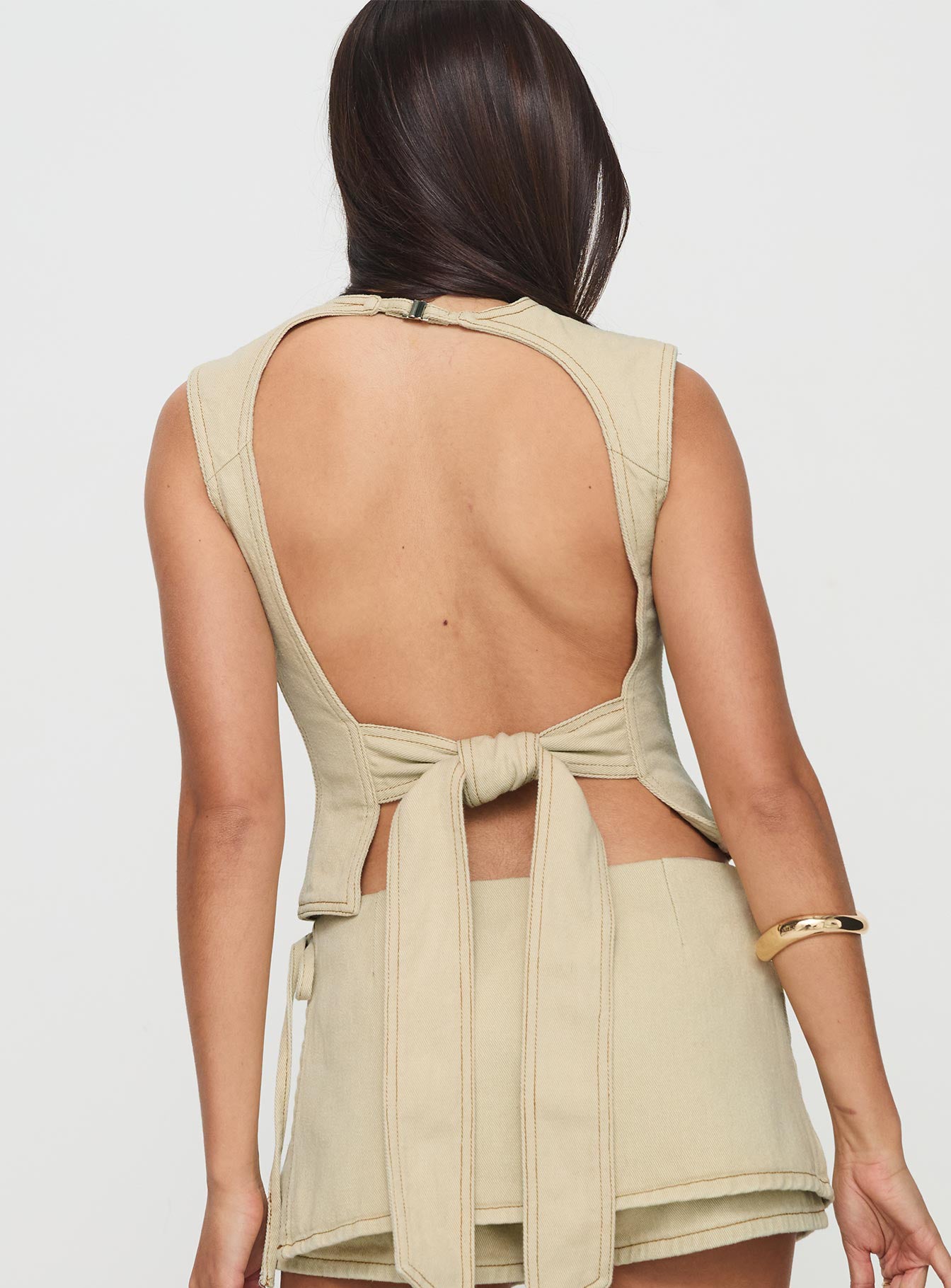 back view of model wearing Princess Polly Countryside Top Ecru Sleeveless Crew Neck 