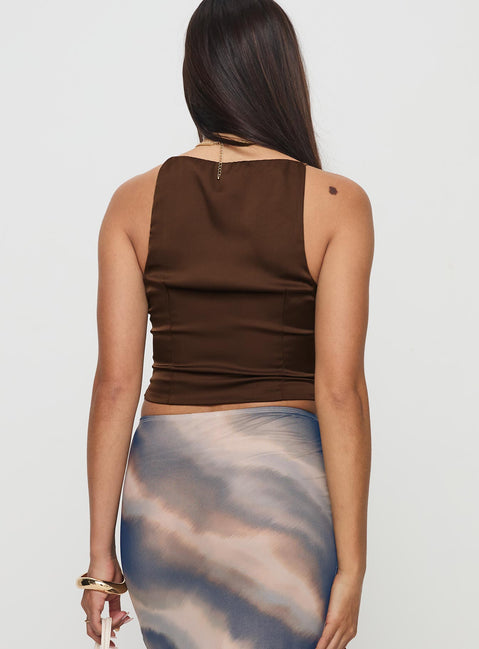 back view of model wearing Princess Polly Ashali Top Dark Brown Sleeveless High Neck 