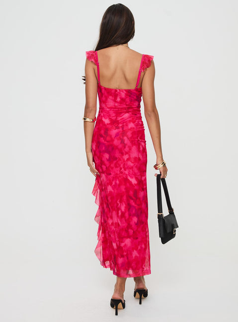 back view of model wearing Princess Polly Ceri Maxi Dress Pink Sweetheart Neckline 